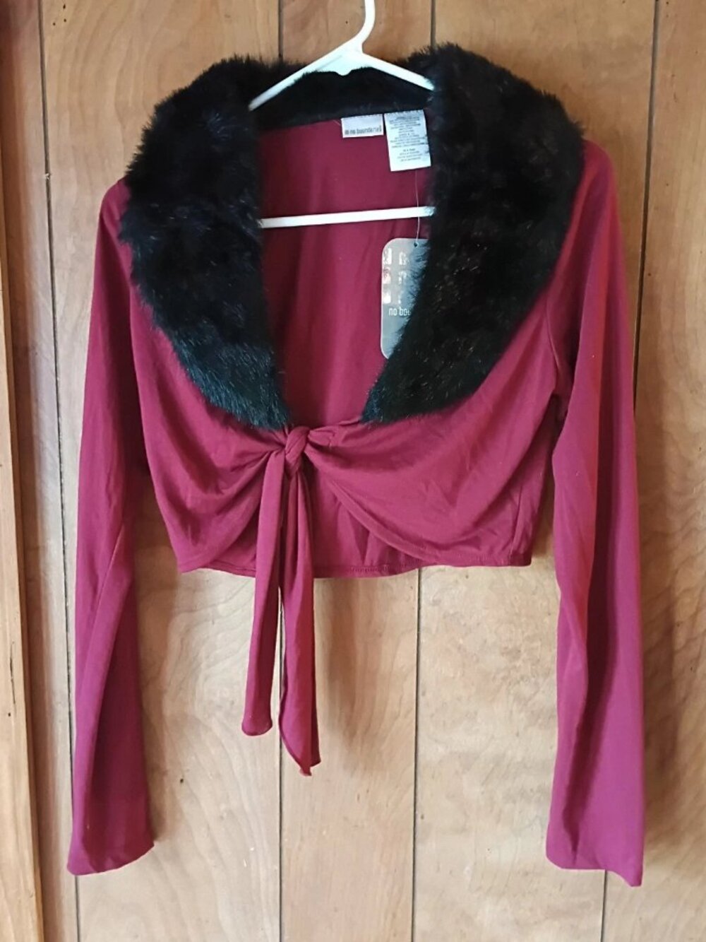 No Boundaries Juniors L Faux Fur Trim Tie Front Shrug Bolero Burgundy NWT